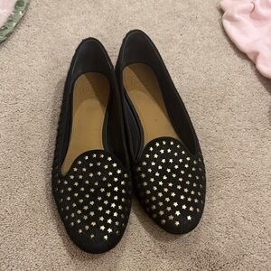 Tory Burch Black and Gold Star Flats classic 9 calf hair loafers black gold star